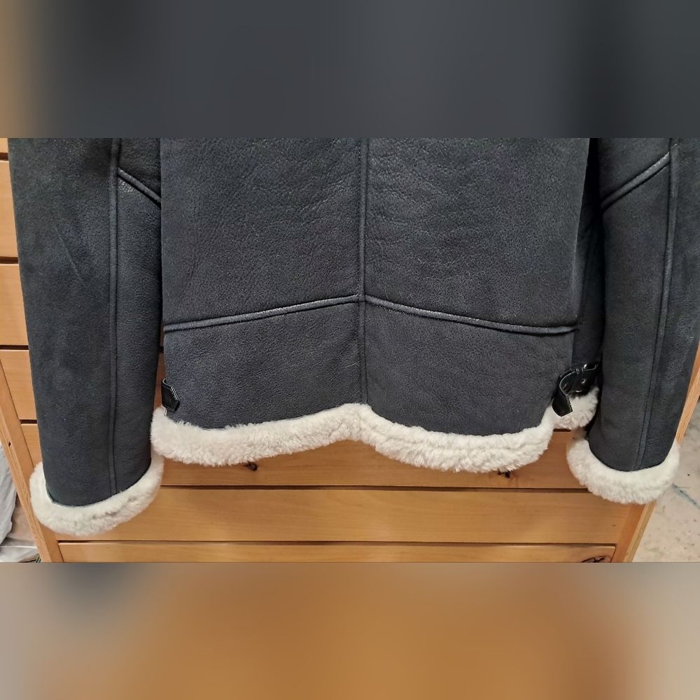 Leather Shearling Moto Bomber Jacket Size L - Picture 8 of 12